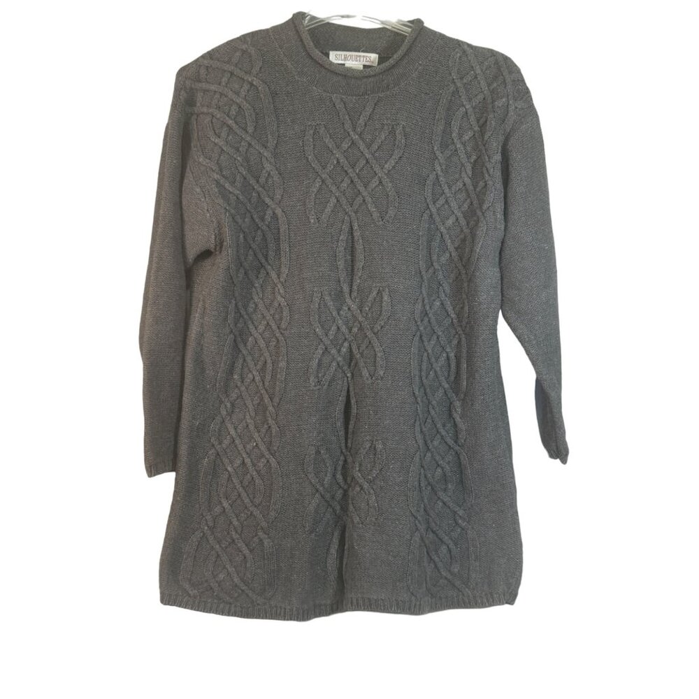 Silhouettes Womens 1X Gray Cable Knit Sweater Tunic